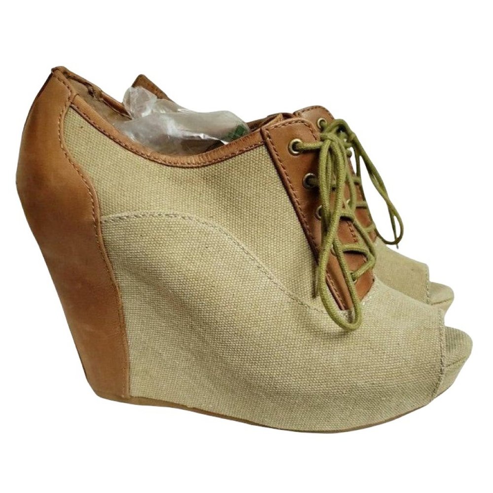 Gianni Bini Leather Peep-Toe Lace Tie Platform Wedge NEW